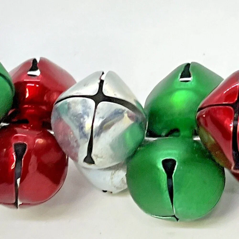 Christmas Jingle Bell Wreath Red Silver Green With Holly Accent Metal